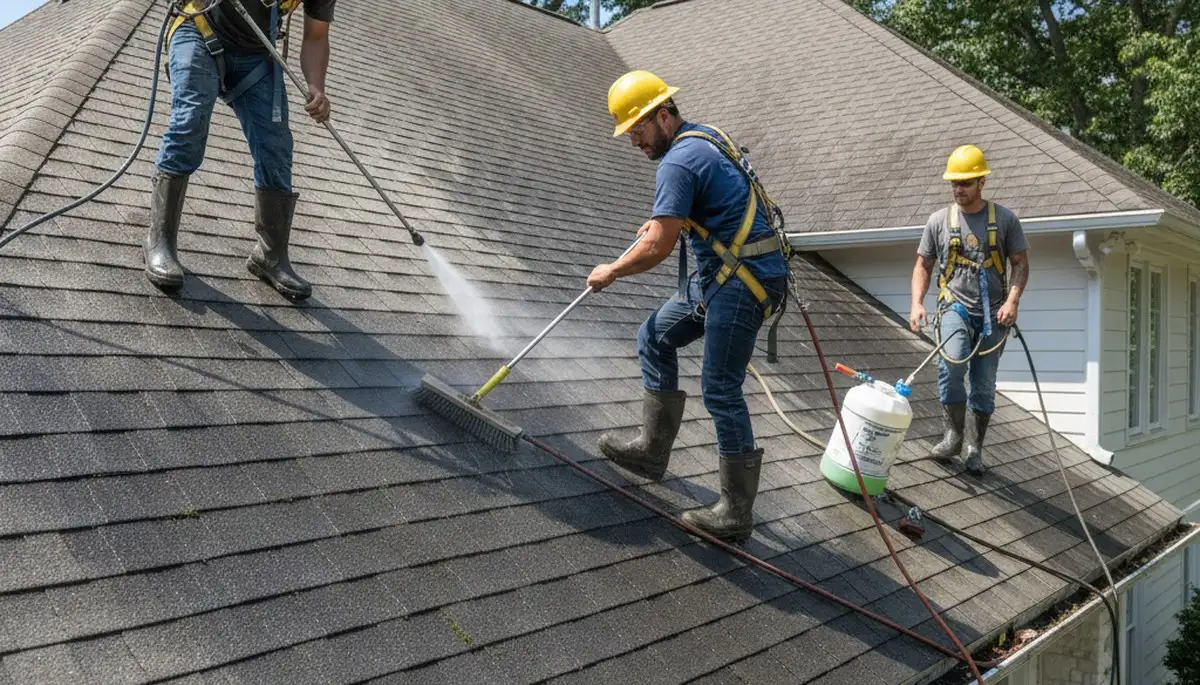 Colorado Springs, CO roof cleaning service removing algae, moss, and debris from a home roof